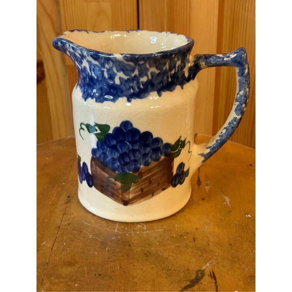 Vtg Alpine Pottery Roseville Ohio USA Grape Pattern Pitcher  5x5.5 " 1996 Blue B
